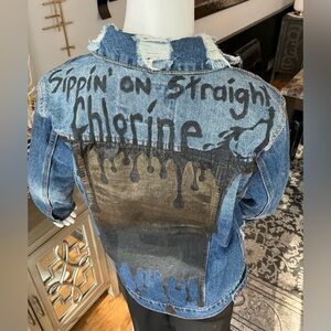 Ashley Vintage Charm Grunge Hand Painted Denim Jacket Chlorine Woman SZ Small